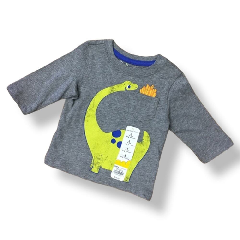 jumping beans Boys Shirt Size 3 Months Gray Tee Dinosaur Eating French Fries NEW